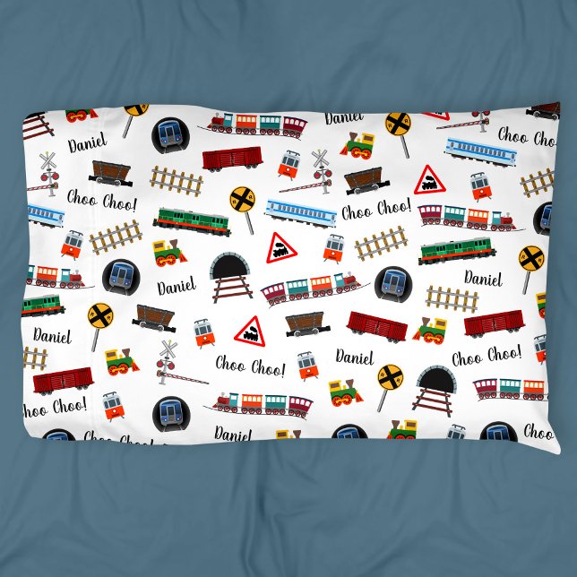 Train Pattern Little Boy First Name Choo Choo Kids Pillow Case (Creator Uploaded)