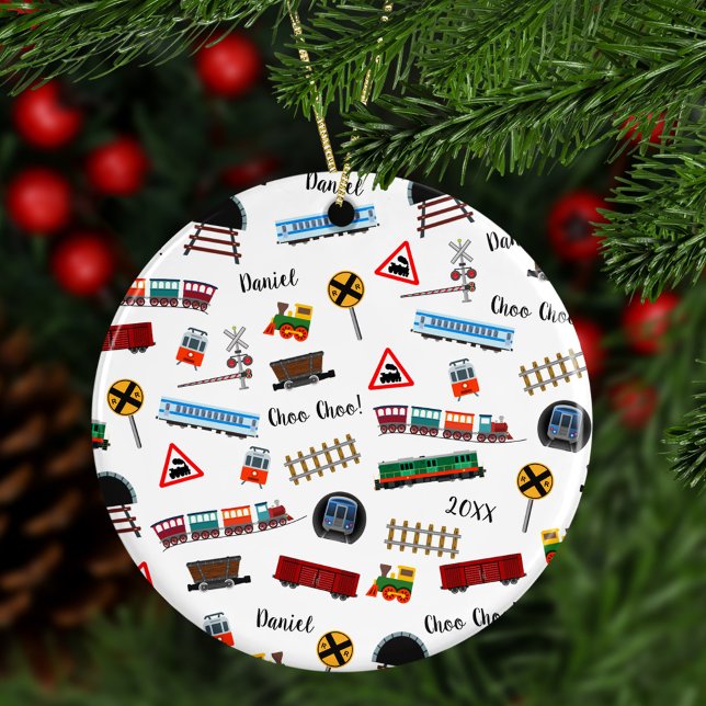 Train Pattern Little Boy First Name Christmas Ceramic Ornament (Creator Uploaded)