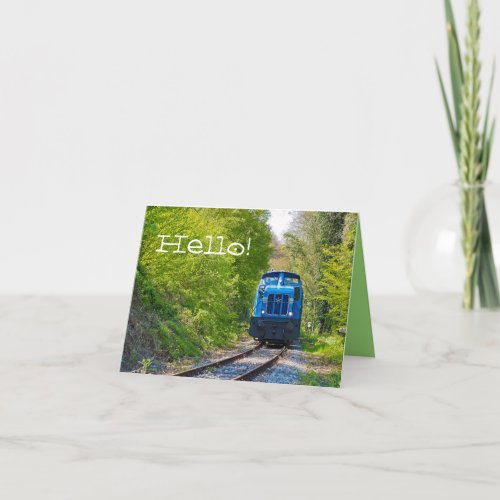 Train Photo Blue Locomotive Hello Blank Note Card