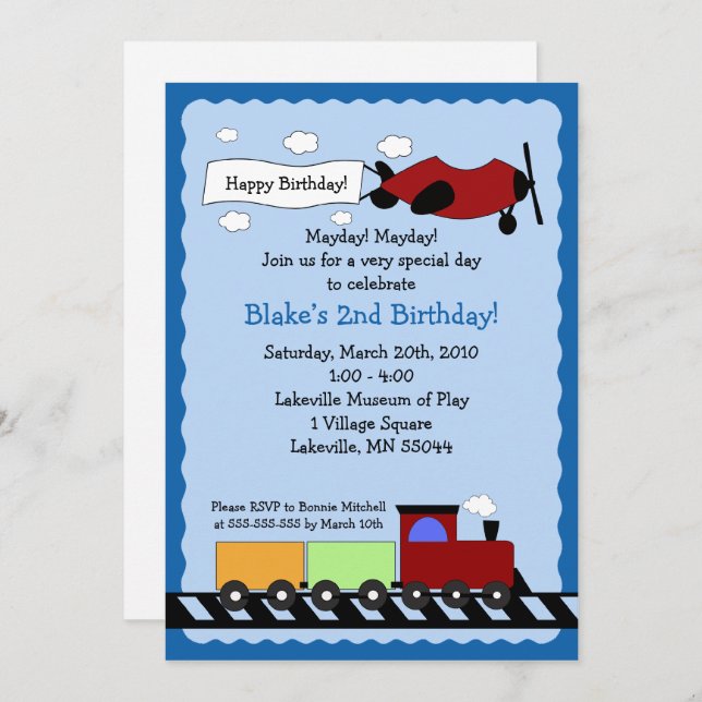 Train & Plane 5x7 cute boy birthday invitation (Front/Back)