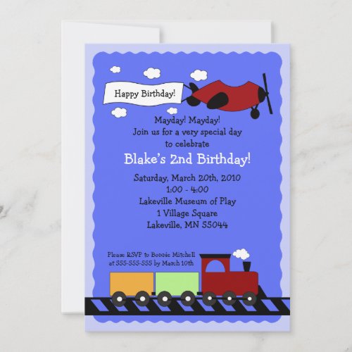 Train  Plane 5x7 cute boy birthday invitation