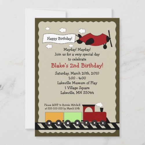 Train &amp; Plane 5x7 cute boy birthday invitation