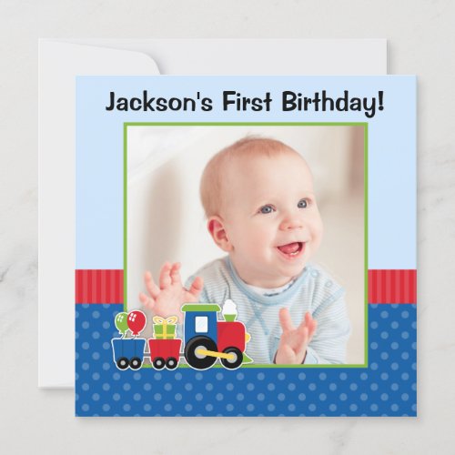 Train Polka Dot 1st Birthday Boy Photo Invitation