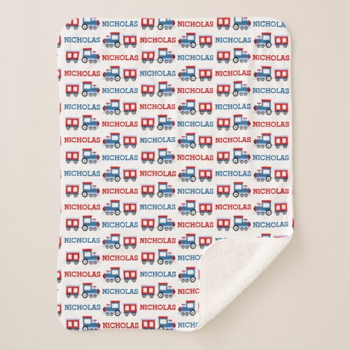 Train Red and Blue Monogram Sherpa Blanket
