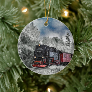 Train Snow Photo Ceramic Ornament