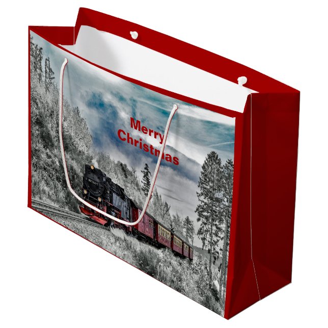 Train Snow Photo Christmas Large Gift Bag (Front Angled)