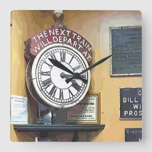 TRAIN STATIONS SQUARE WALL CLOCK