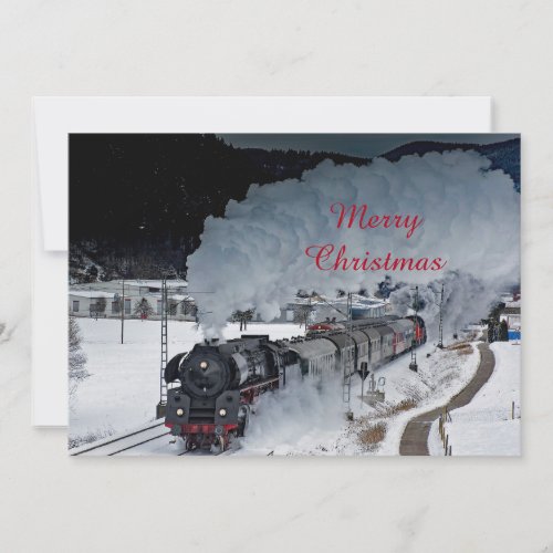 Train Steam Locomotive Snow Photo Christmas Flat Holiday Card