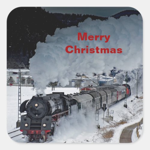 Train Steam Locomotive Snow Photo Christmas Square Sticker