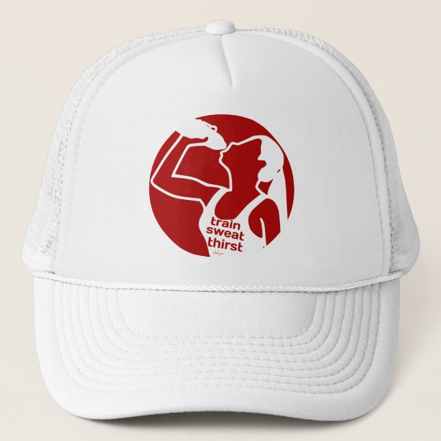 TRAIN SWEAT THIRST (F) red Trucker Hat (Front)