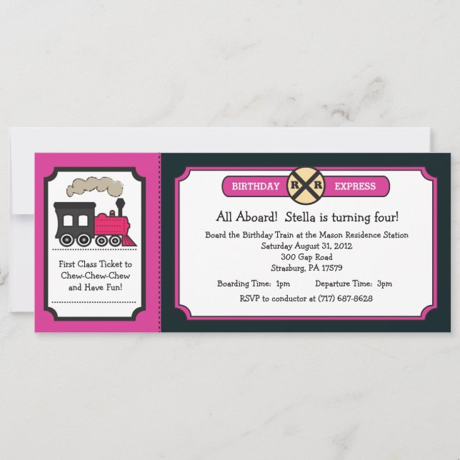 Train Ticket Birthday Party - Pink and Back Invitation (Front)