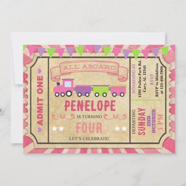 Train ticket girl birthday invitation. invitation (Front)