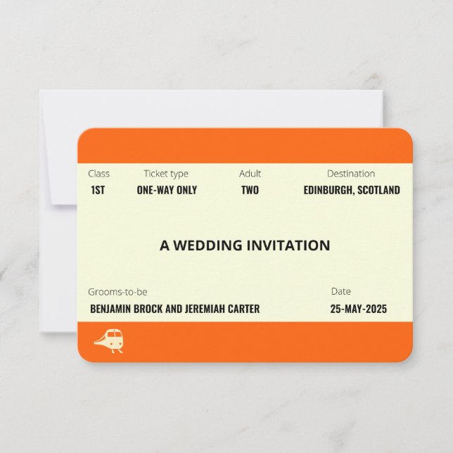 Train Ticket Inspired | LGBTQ+ Gay Wedding Invitation (Front)