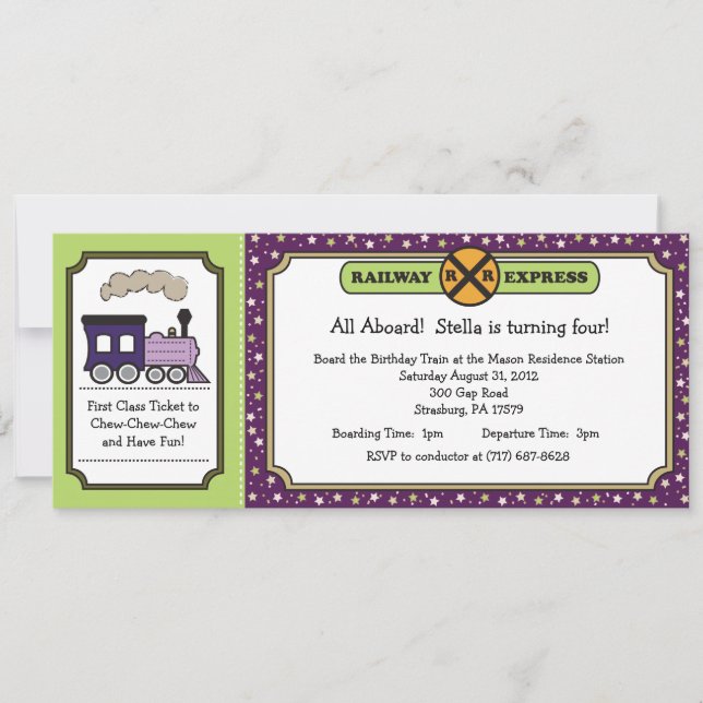 Train Ticket Invite - Purple and Green (Front)