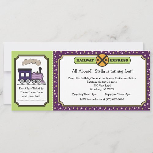 Train Ticket Invite - Purple and Green