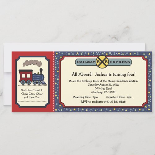 Train Ticket Invite - Rustic Red &amp; Blue