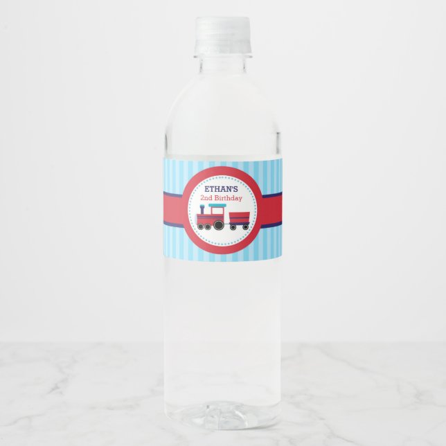 Train Water Bottle Label (Navy and Red) (Front)