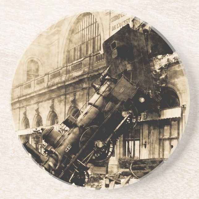 Train Wreck at Montparnasse 1895 Vintage Drink Coaster (Front)