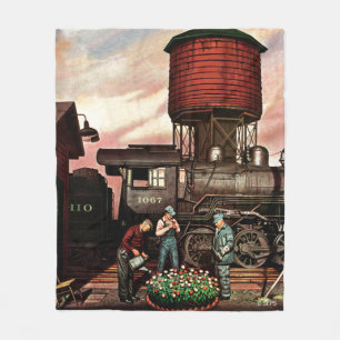 Train Yard Flower Garden by Stevan Dohanos Fleece Blanket