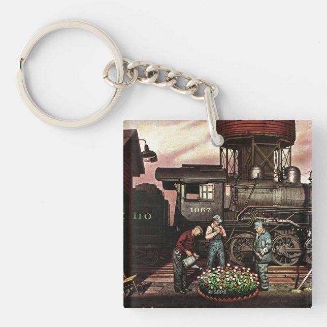 Train Yard Flower Garden by Stevan Dohanos Keychain (Front)