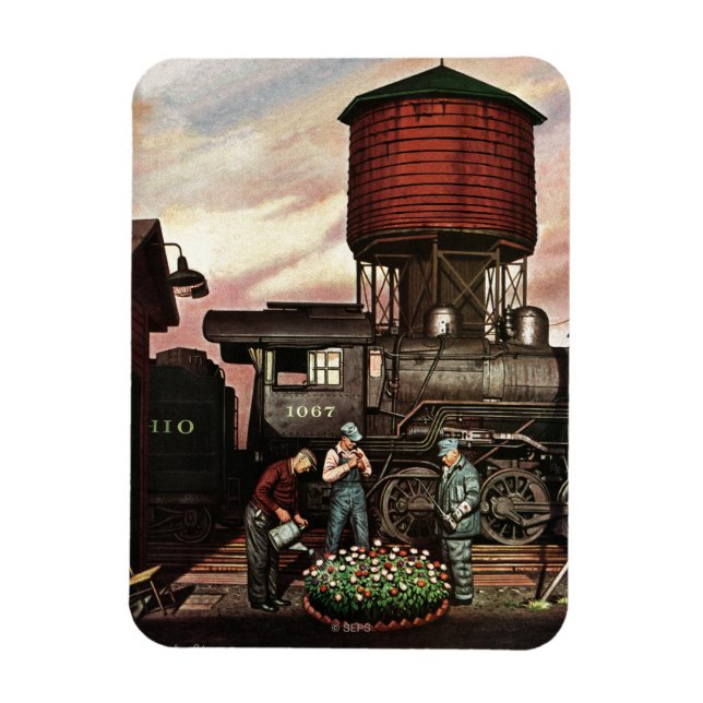 Train Yard Flower Garden by Stevan Dohanos Magnet (Vertical)