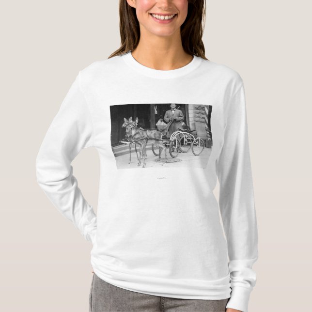 Trained Deer Harnessed to an Odd Sleigh on Wheel T-Shirt (Front)