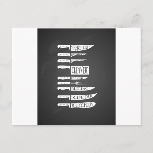 trainee chef cook recipe knives butcher meat cuts postcard