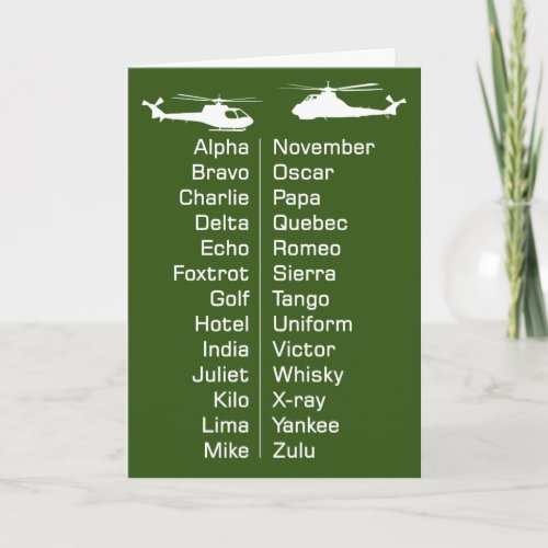 Trainee Helicopter Pilot Chopper Phonetic Alphabet Card