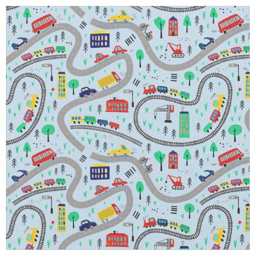 Trains Cars Bus Road Railroad Track on pale blue   Fabric