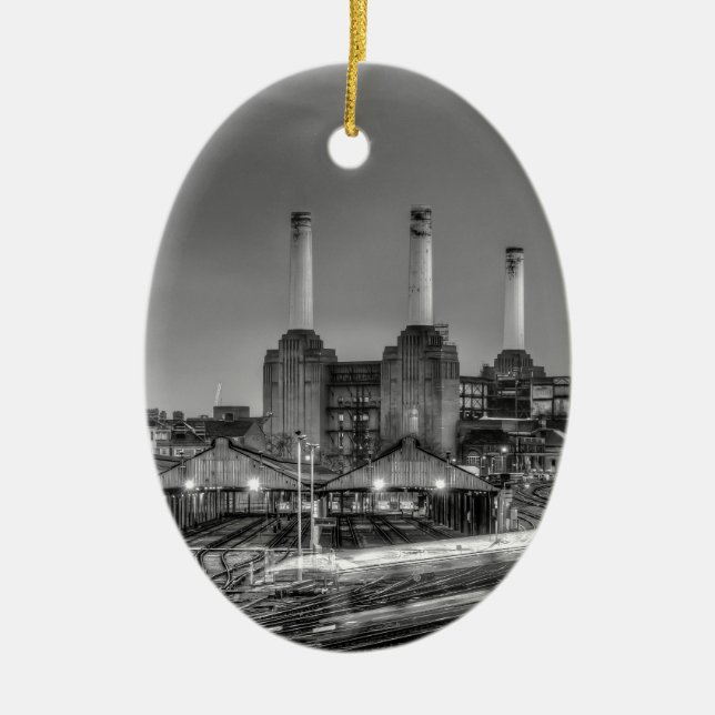 Trains pass Battersea Power Station, London Ceramic Ornament (Front)