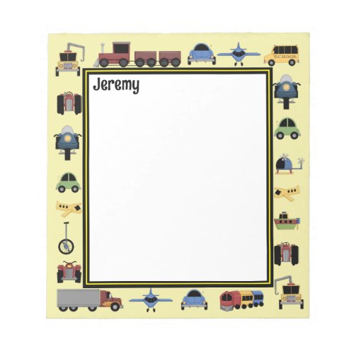 Trains Plains and Automobiles Boys Monogrammed No Notepad