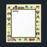 Trains, Plains and Automobiles Boys Monogrammed Notepad<br><div class="desc">Planes, trains and automobiles, Oh My! Your little boy will be so excited to have his own custom notepad that's lined with a bus, motorcycle, car, helicopter, plane, boat, tractor, construction vehicle, train, plane, 18 wheeler and even a unicycle! The outside border where all the vehicles are has a yellow...</div>