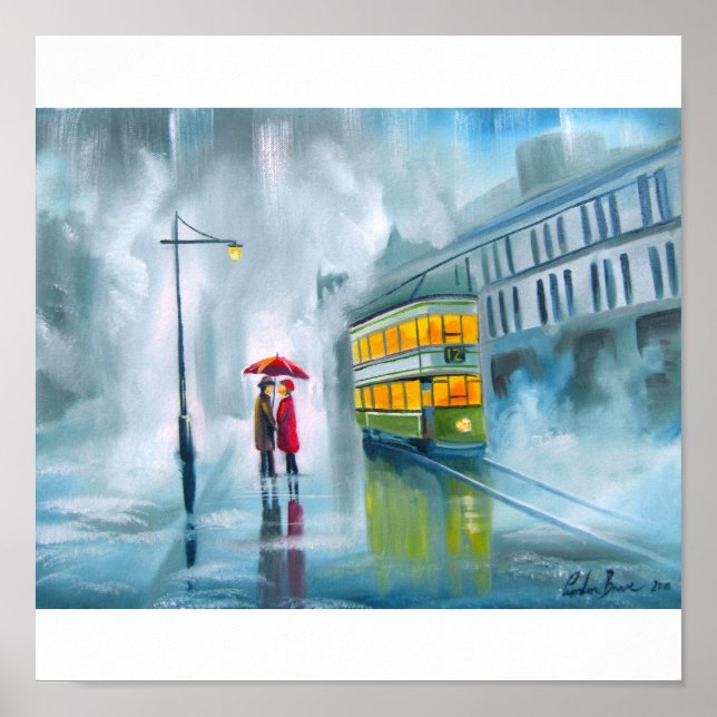 Tram oil painting rainy day umbrella poster (Front)