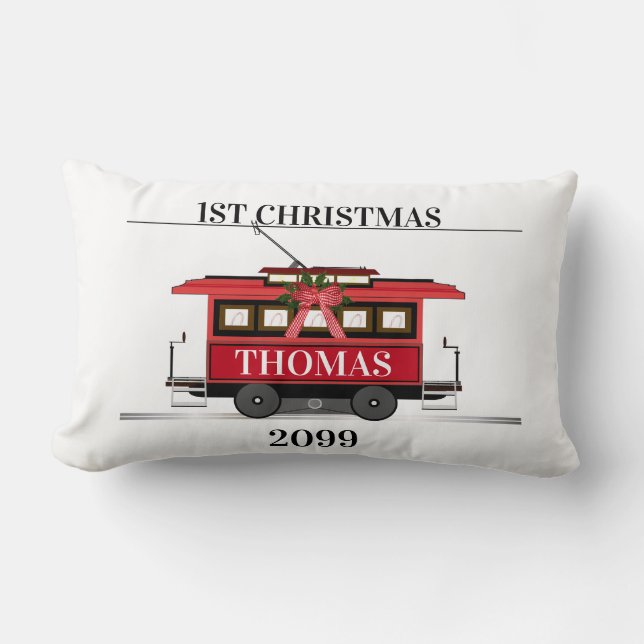 Tram Trolley Streetcar 1st Christmas Keepsake Lumbar Pillow (Front)