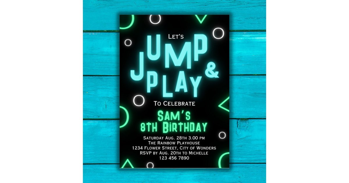 Trampoline Birthday Invitation Neon Jump Party | Zazzle