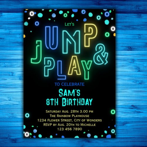 Trampoline Birthday Neon Glow Jump Play Party Invitation