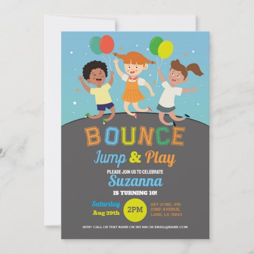 Trampoline Birthday Party Blue Boys Bounce Jump Invitation