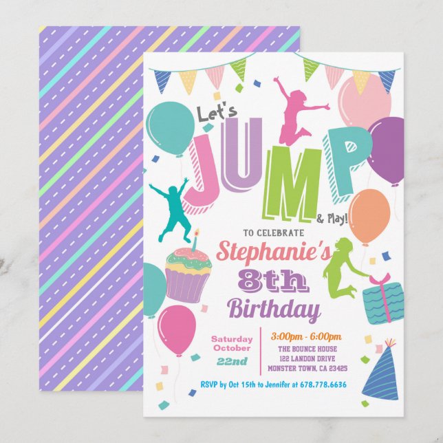 Trampoline birthday party. Girls colorful jump Invitation (Front/Back)