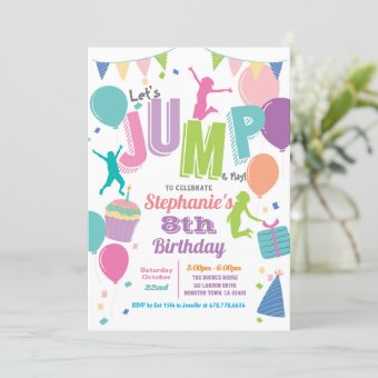 Trampoline birthday party. Girls colorful jump Invitation | Zazzle