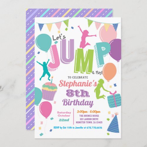Trampoline birthday party Girls colorful jump Invitation