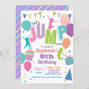 Trampoline birthday party. Girls colorful jump Invitation