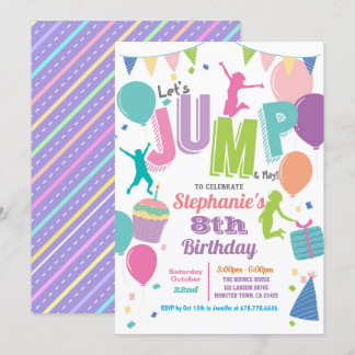 Trampoline birthday party. Girls colorful jump Invitation