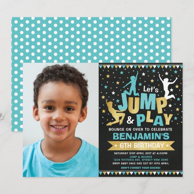 Trampoline Birthday Party Jump Bounce Blue Gold Invitation (Front/Back)