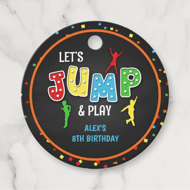 Trampoline Birthday Round Favor Tag - Boy (Front)