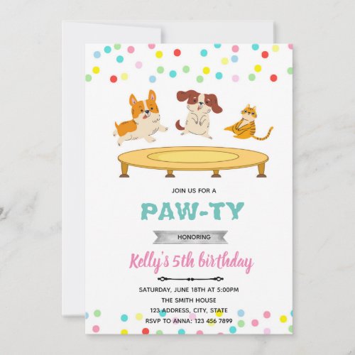 Trampoline jump cat dog pawty theme invitation