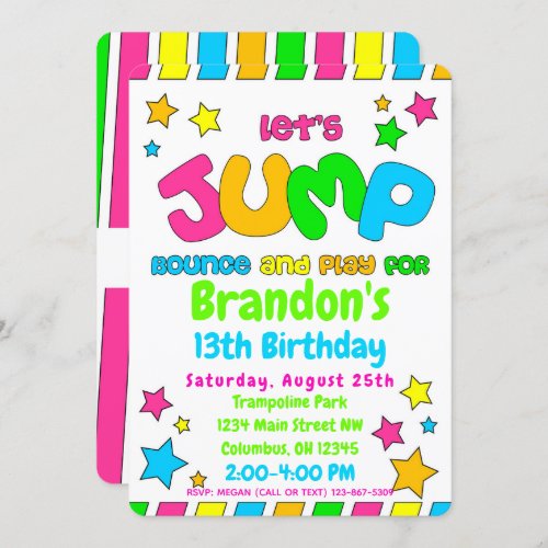 Trampoline Jump Park Party in neon colors Invitation