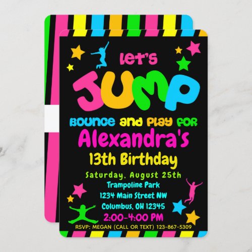 Trampoline Jump Park Party in neon colors Invitation