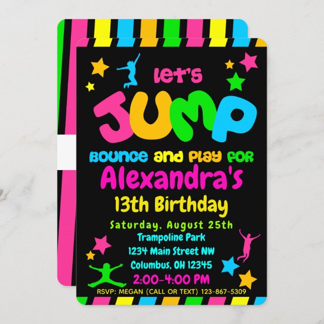 Trampoline Jump Park Party in neon colors Invitation (Front/Back)