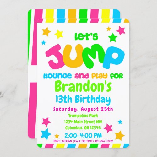Trampoline Jump Park Party in neon colors Invitation