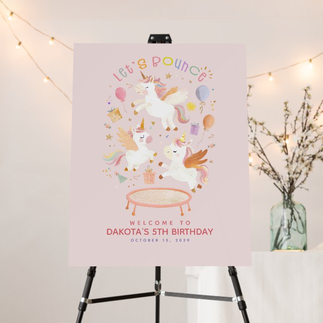Trampoline Jumping Unicorns Birthday Welcome Sign (In Situ (Stand))
